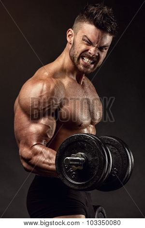 Muscular Bodybuilder Guy Doing Exercises With Dumbbells