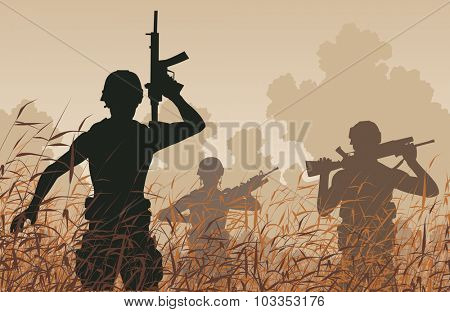 Illustration of soldiers on patrol in a reedswamp