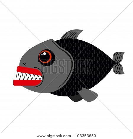 Piranha Marine Predator On White Background.terrible Sea Fish With Sharp Teeth. Scary Eyes And Sharp
