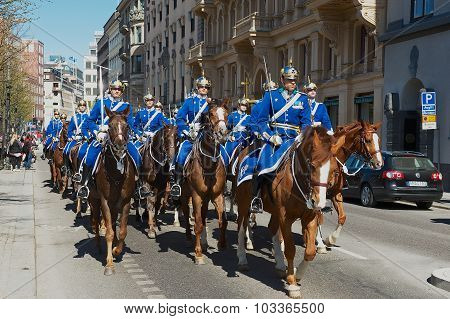 Swedish horde guards on duty at the street of Stockholm, Sweden.
