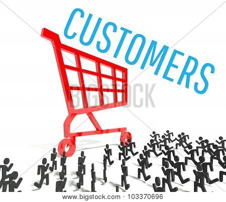 Customers, Crowd Of People Running To Shopping Cart