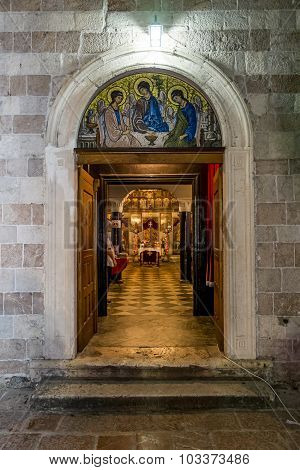 Doors And Interior Of The Church Of The Holy Trinity In The Old Town Of Budva, Montenegro.