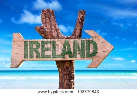 Ireland wooden sign with ocean background