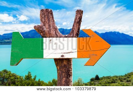 Ireland flag wooden sign with lake background