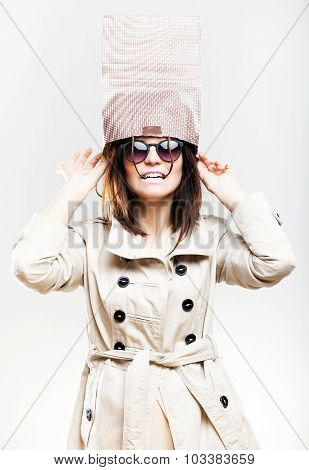 Woman With Bag On Head, Shopping Concept