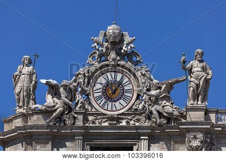 Clock On The St. Peter's Facade In Rome, Italy