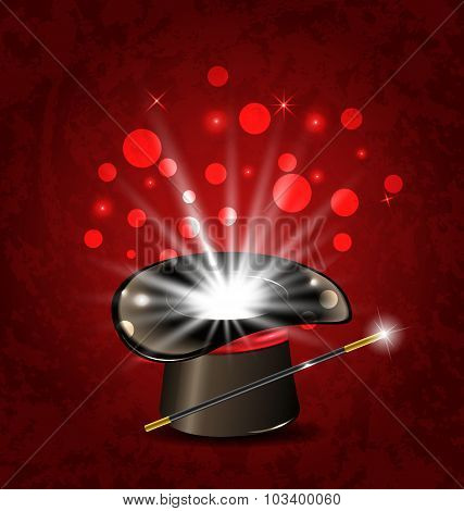 Magician hat, wand and magical glow