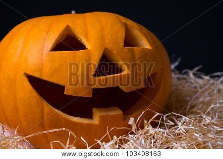 Halloween Pumpkin Jack-o-lantern With Happy Face Over Grey