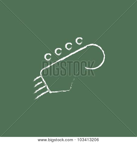 Head of the guitar hand drawn in chalk on a blackboard vector white icon isolated on a green background.