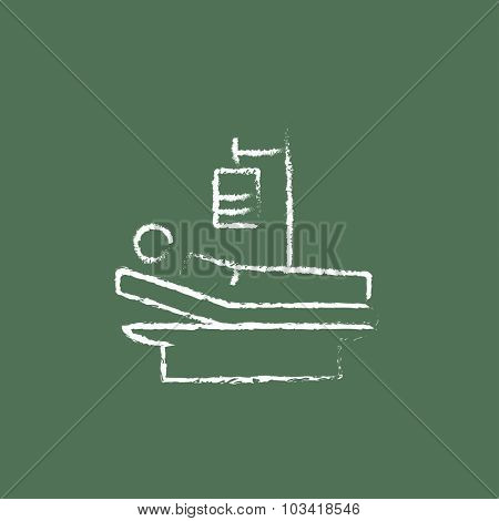 Patient lying on the bed hand drawn in chalk on a blackboard vector white icon isolated on a green background.