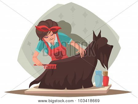 Woman Combing Dog