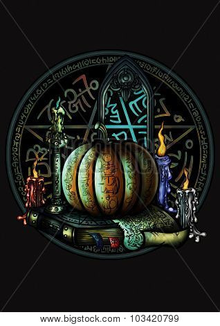 Halloween Magic Emblem With A Pentagram And A Pumpkin