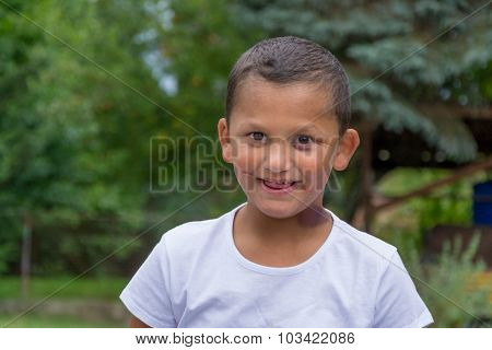 Abused Gypsy Boy Child With Scars Victim Of Domestic Violence Smiling Outside Happy In New Family