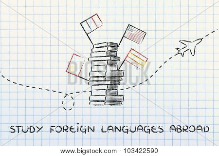 Study Foreign Languages Abroad: Books, Flags And Airplane