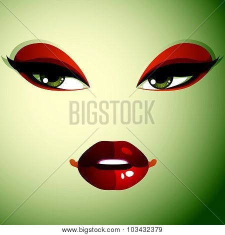 Attractive woman with stylish bright make-up. Sexy Caucasian distrustful lady. Human eyes and lips