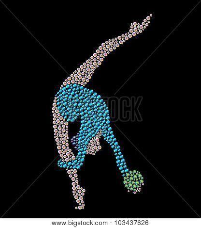 Gymnast with green ball made with bright colored rhinestones on black backdrop