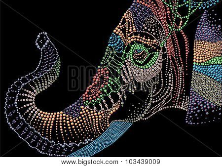 Hand made detailed colorful portrait of elephant head made with rhinestones on black background. Dia