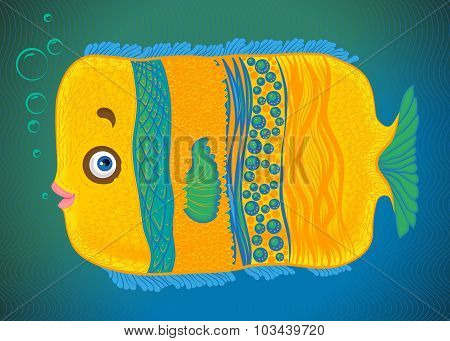 Hand drawn portrait of little blue and yellow fish isolated on blue background.