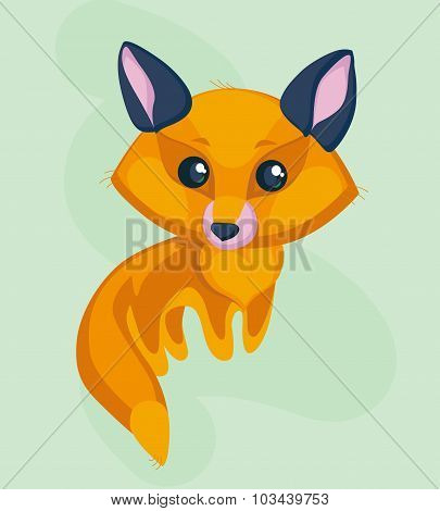 Vector flat portrait of cute little fox with big head and shining eyes isolated on green background
