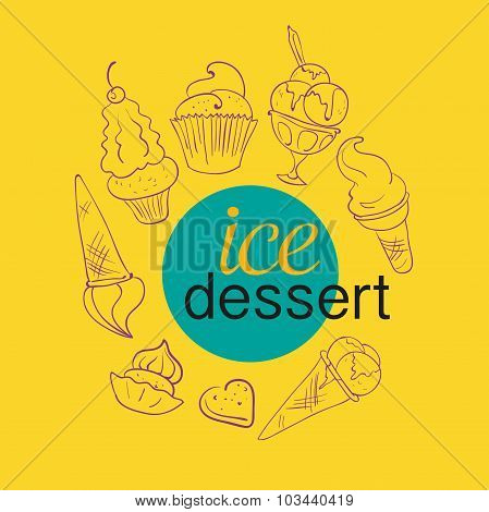 Vector hand drawn ice cream pattern. Brown stroke illustration. Dessert ornament with ice cream pear