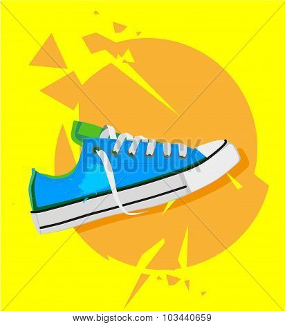 Flat modern illustration with sport shoe on grunge yellow and orange dynamic grunge background. Good