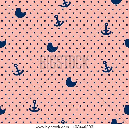Vector simple cute seamless pattern with small dark blue rounds birds and anchors on light rose back