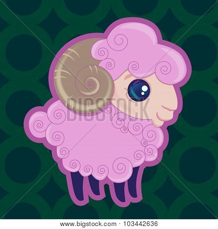 Vector flat portrait of little pink lamb isolated on dark green rounded background. Good for print e