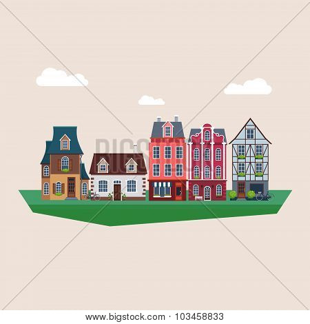 Old Vintage Houses Vector Illustration