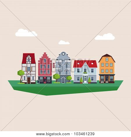 Old Traditional Eurpoean Vintage Houses Vector Illustration