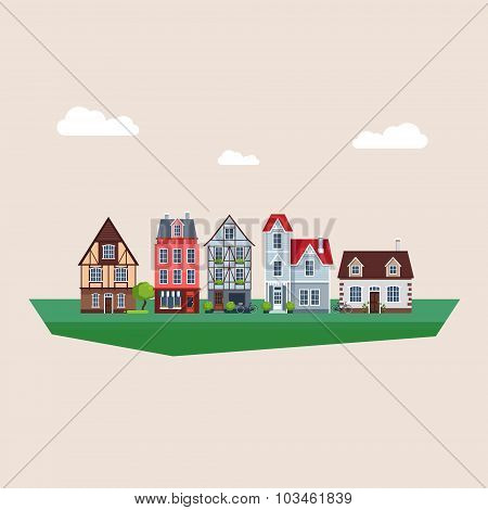 Old Traditional Eurpoean Vintage Houses Vector Illustration