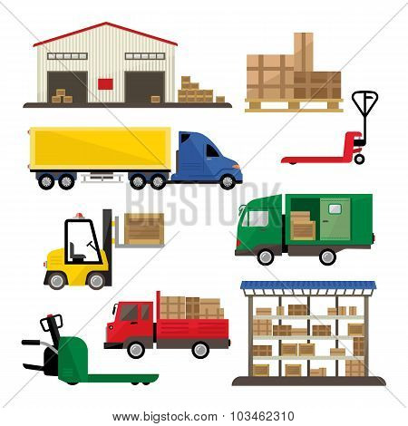 Warehouse Transportation and Delivery Icons Flat Set