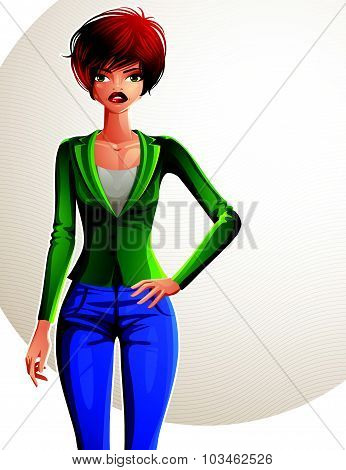 Beautiful businesswoman holding her hands on waist. Coquette lady illustration, full body portrait