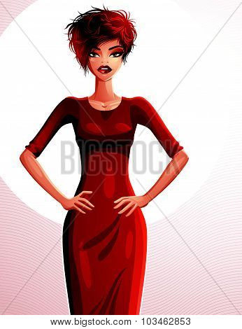 Sexy coquette woman with her hands akimbo, full-length portrait. Attractive red-haired lady