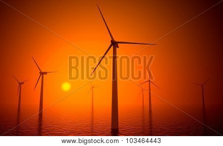 3D Wind Turbines Producing Energy In Sea