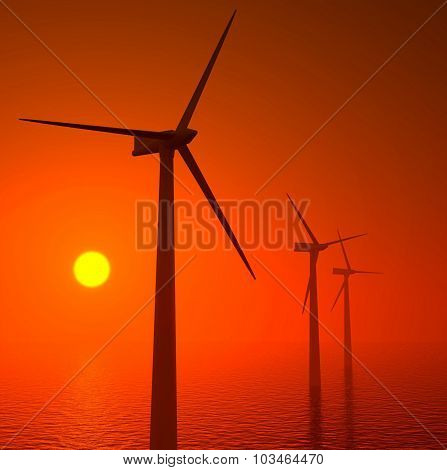 3D Wind Turbines Producing Energy In Sea