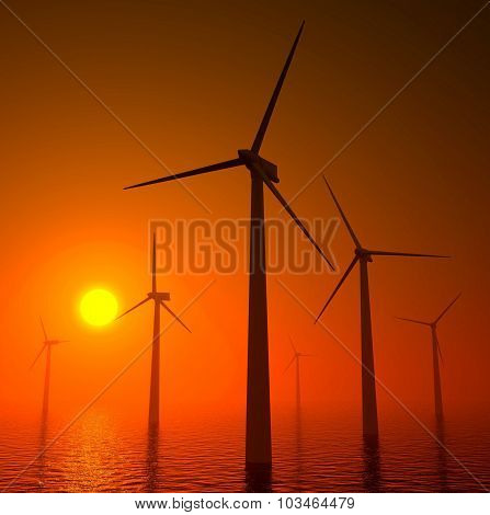3D Wind Turbines Producing Energy In Sea