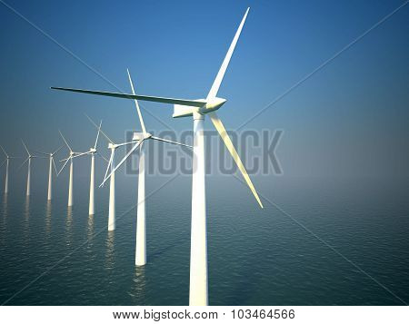 3D Wind Turbines Producing Energy In Sea