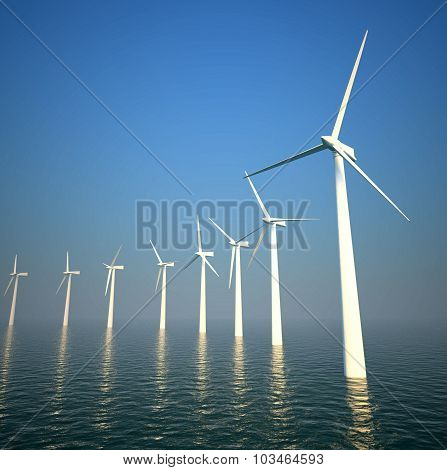 3D Wind Turbines Producing Energy In Sea
