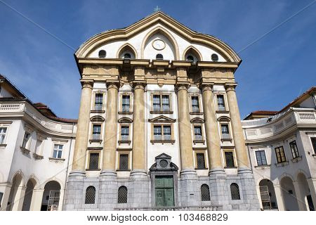 LJUBLJANA, SLOVENIA - JUNE 30: Ursuline Church of the Holy Trinity in Ljubljana, the capital of Slovenia. The church was built between 1718 and 1726, on June 30, 2015