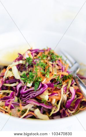 Serving of coleslaw a healthy vibrant colourful salad made with shredded raw cabbage, carrots and onions