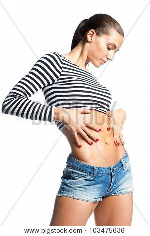 Sexy Brunette Woman Touching Her Perfect Abs Over White