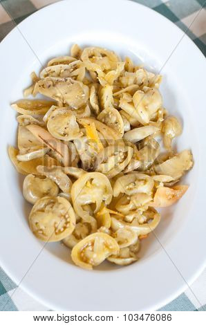 Dish Of Roasted Peppers White Dressed With Oil , Salt And Parsley