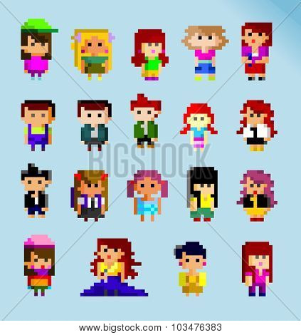 8-bit pixel people set. vector illustration