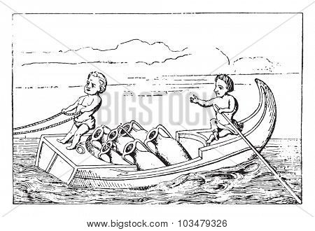 Pygmies driving a boat, vintage engraved illustration.