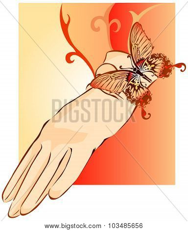 Beige female glove decorated with butterfly