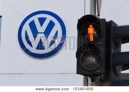 Red Colour On Traffic Light With Volkswagen Car Maker