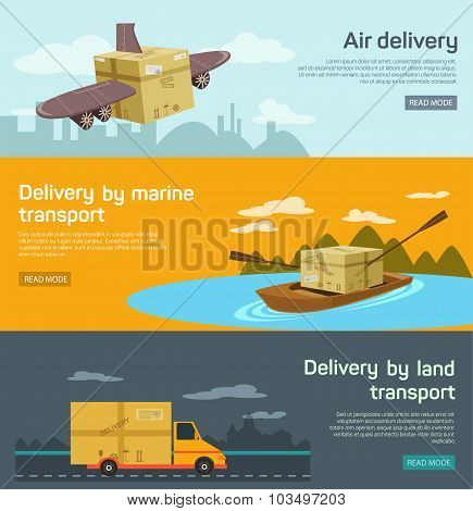 Flat banners set of maritime rail and air transport delivery