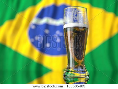 A Glass Of Beer In Front A Brazilian Flag