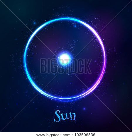 Shining blue neon zodiac Sun symbol