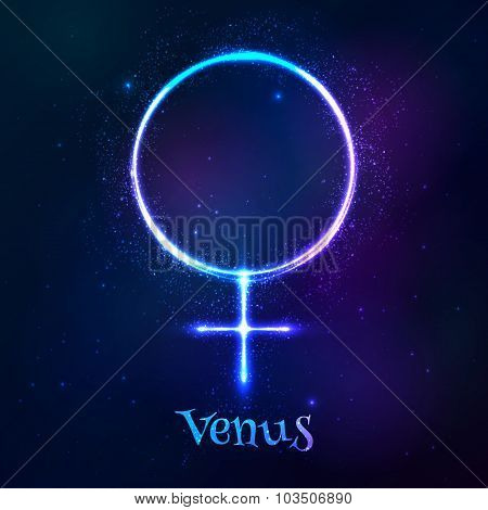 Shining blue neon astrological Venus symbol